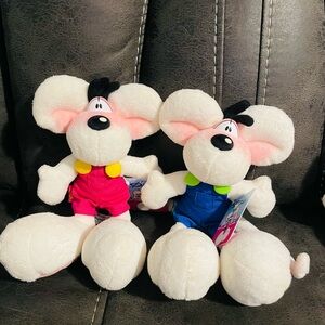Diddl German plush twins wearing colorful overalls